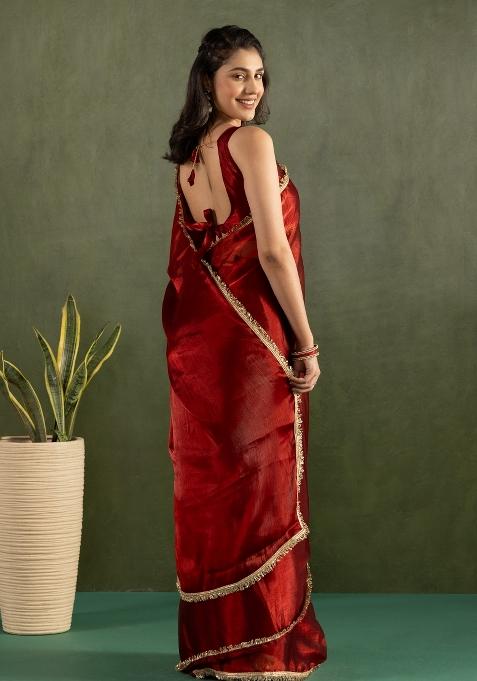 Red Solid And Lace Border Chiffon Pre Stitched Saree