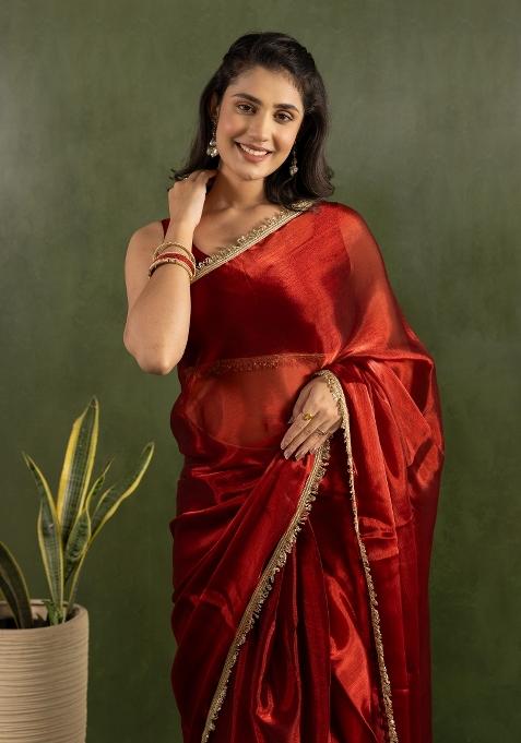 Red Solid And Lace Border Chiffon Pre Stitched Saree