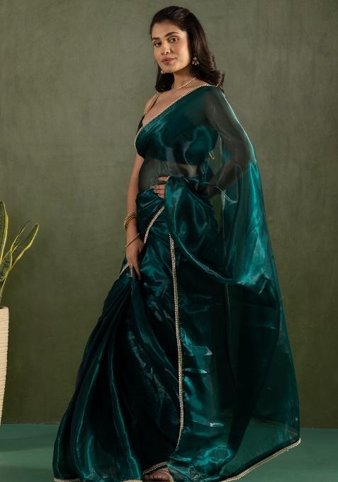 Blue Solid And Lace Border Chiffon Pre Stitched Saree