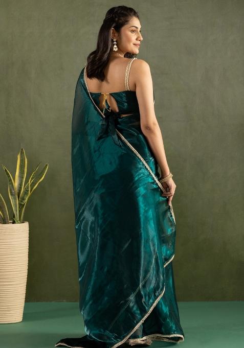 Blue Solid And Lace Border Chiffon Pre Stitched Saree