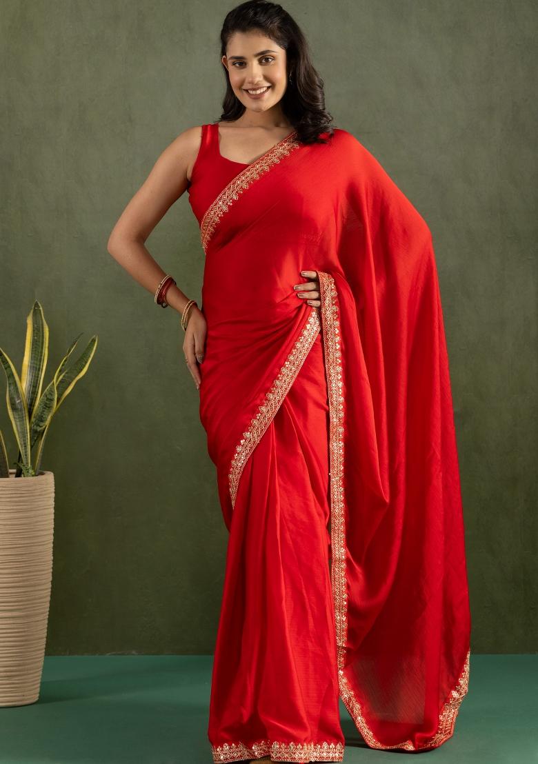 Red Solid And Lace Border Chiffon Pre Stitched Saree