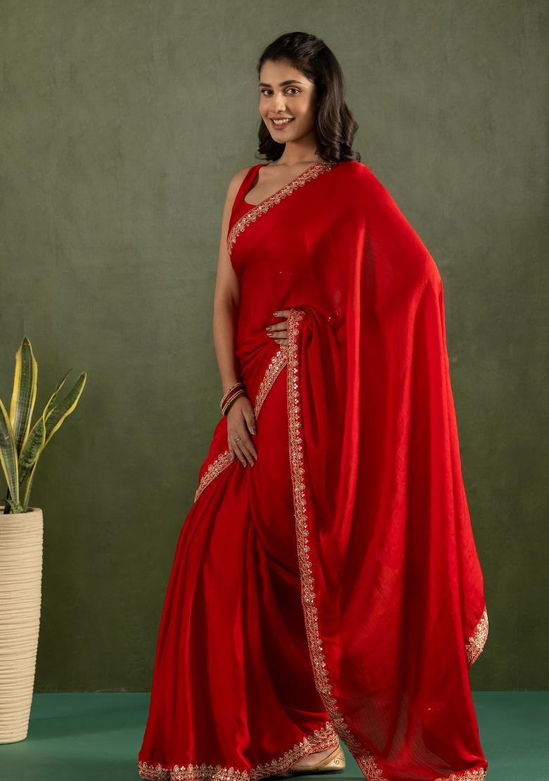 Red Solid And Lace Border Chiffon Pre Stitched Saree