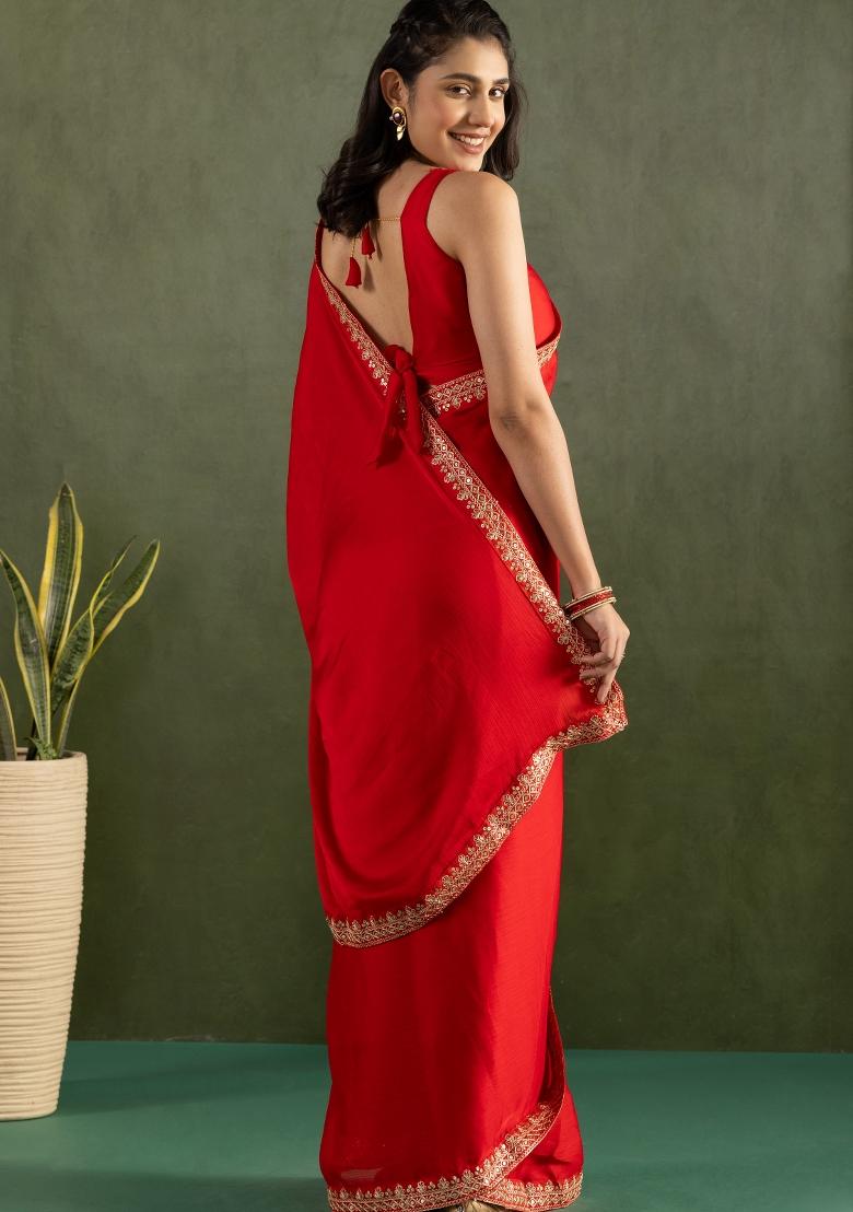 Red Solid And Lace Border Chiffon Pre Stitched Saree