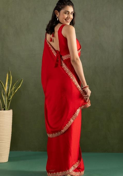 Red Solid And Lace Border Chiffon Pre Stitched Saree