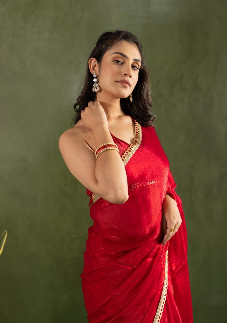 Red Solid And Lace Border Chiffon Pre Stitched Saree