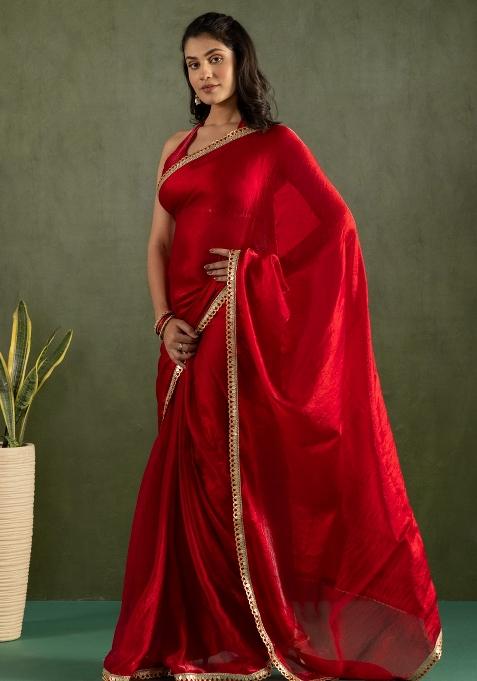 Red Solid And Lace Border Chiffon Pre Stitched Saree