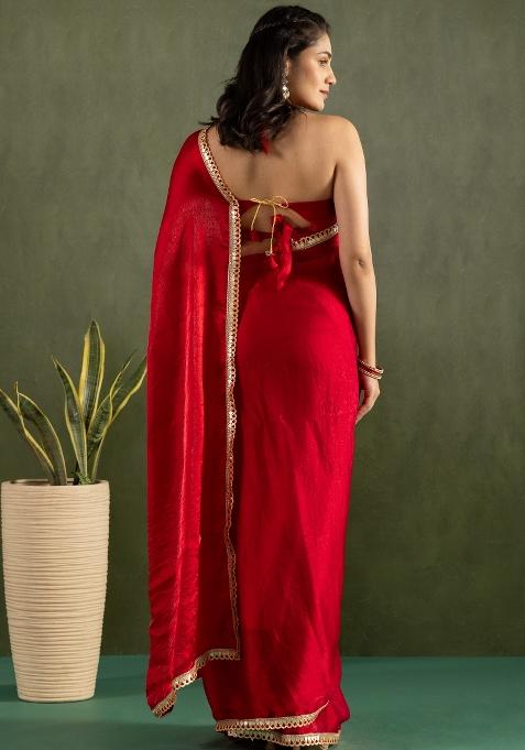 Red Solid And Lace Border Chiffon Pre Stitched Saree