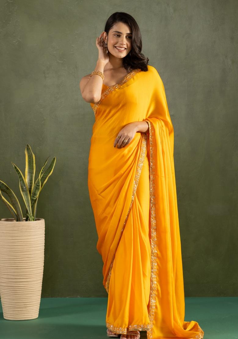 Yellow Solid And Lace Border Chiffon Pre Stitched Saree