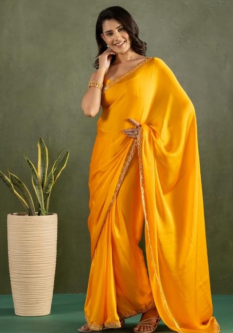Yellow Solid And Lace Border Chiffon Pre Stitched Saree