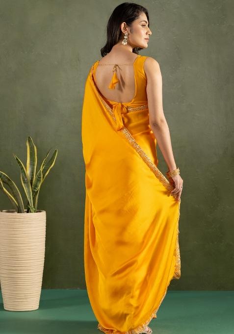Yellow Solid And Lace Border Chiffon Pre Stitched Saree