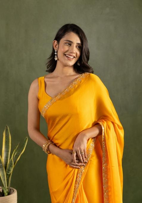 Yellow Solid And Lace Border Chiffon Pre Stitched Saree