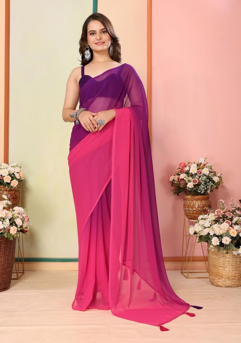 Purple Pedding Color Printed Georgette Pre Stitched Saree