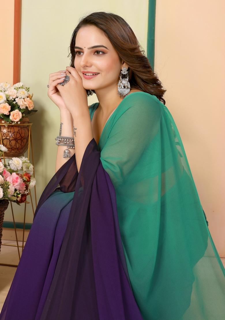Sea Green Pedding Color Printed Georgette Pre Stitched Saree