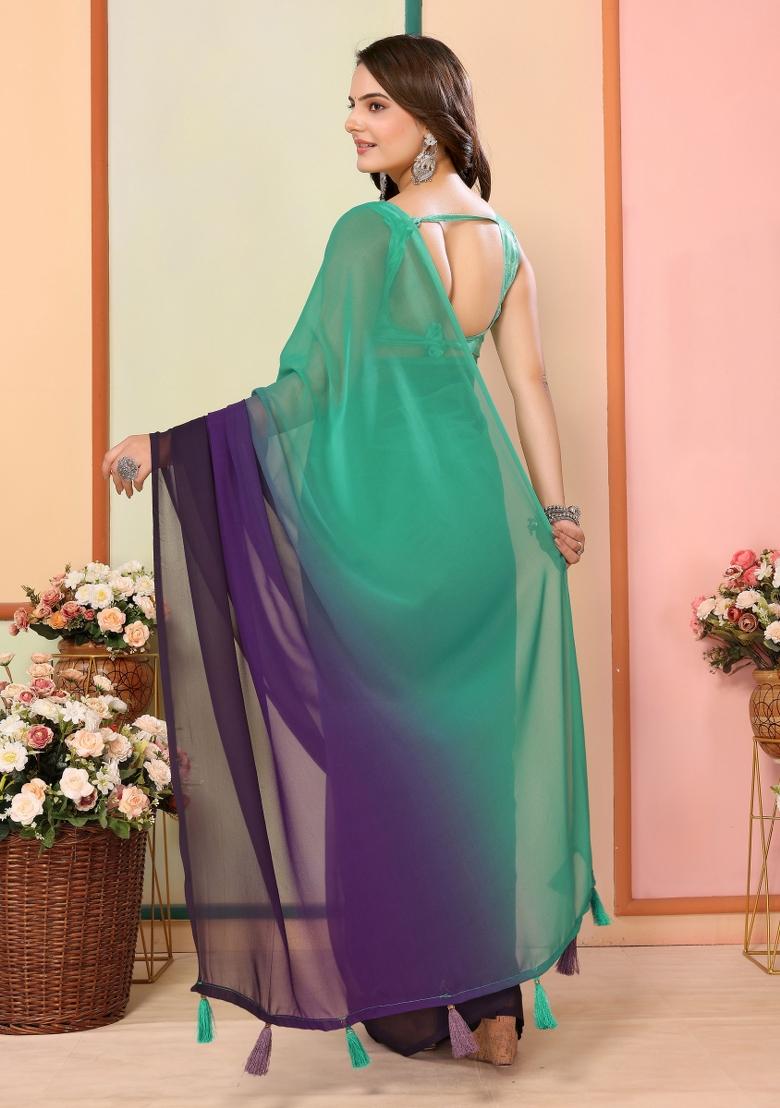 Sea Green Pedding Color Printed Georgette Pre Stitched Saree