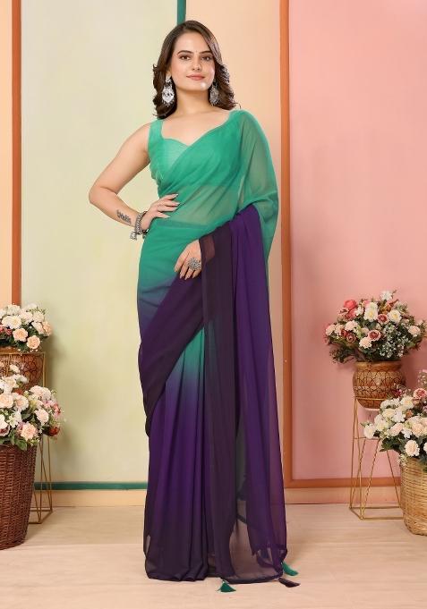 Sea Green Pedding Color Printed Georgette Pre Stitched Saree