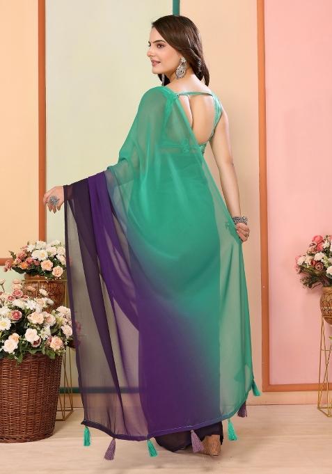 Sea Green Pedding Color Printed Georgette Pre Stitched Saree