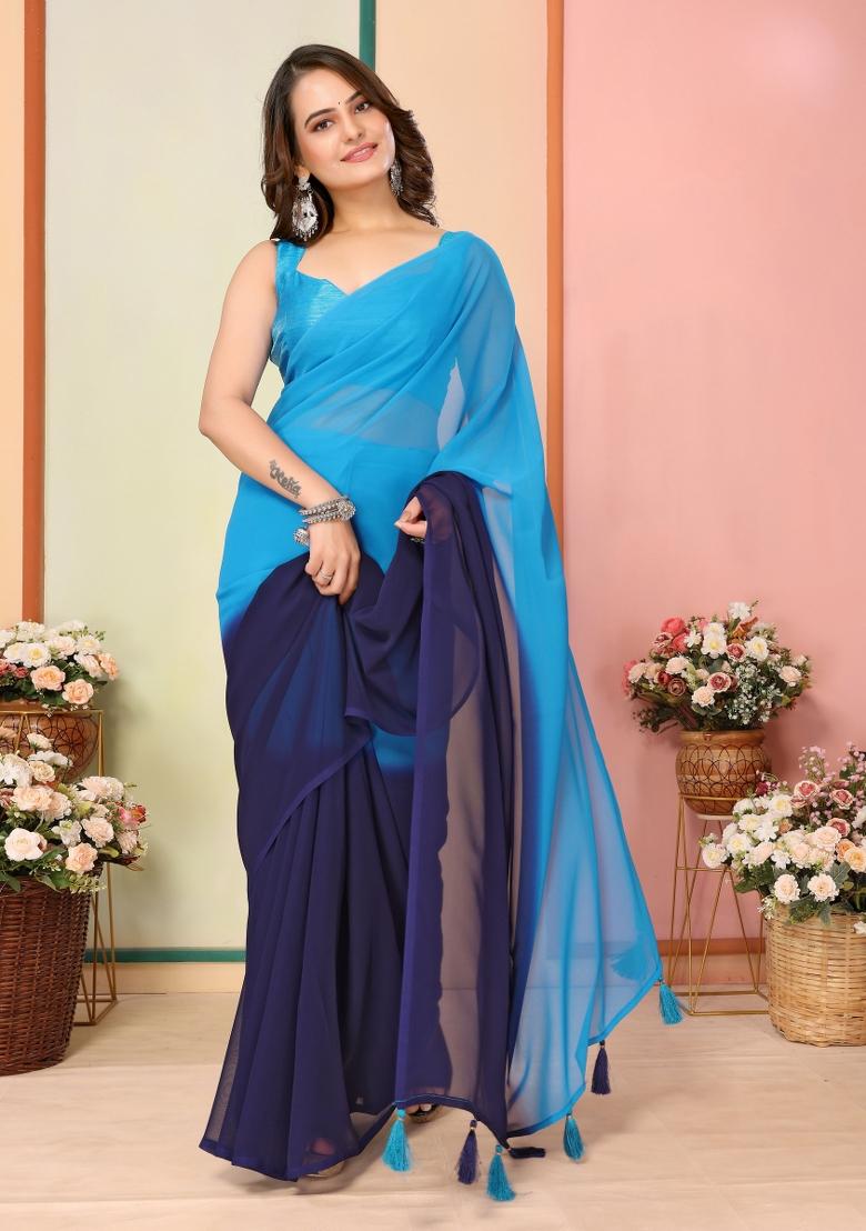 Blue Pedding Color Printed Georgette Pre Stitched Saree