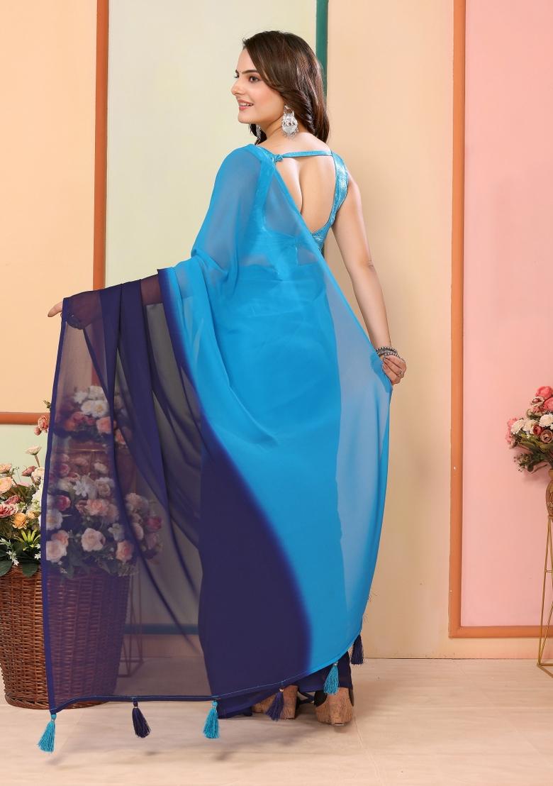 Blue Pedding Color Printed Georgette Pre Stitched Saree