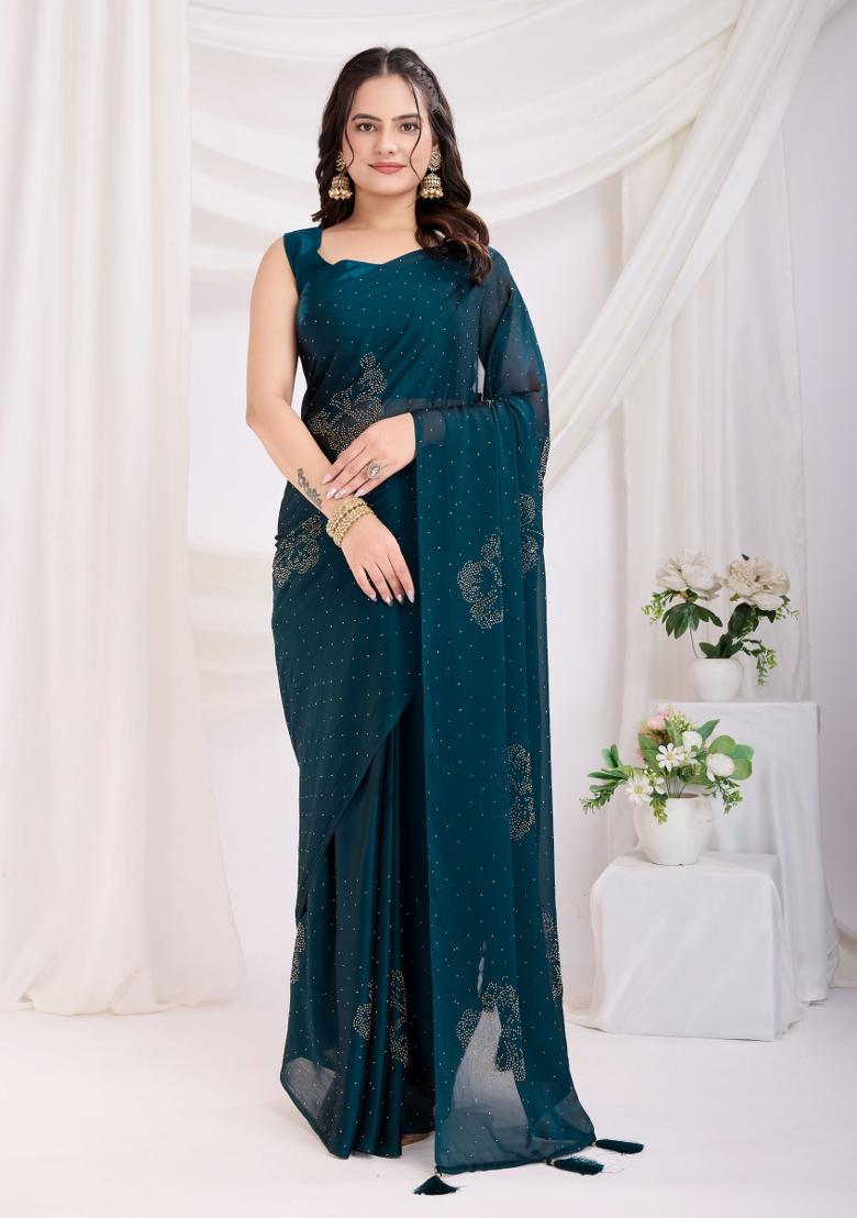 Teal Blue Diamond Work Rangoli Silk Pre Stitched Saree