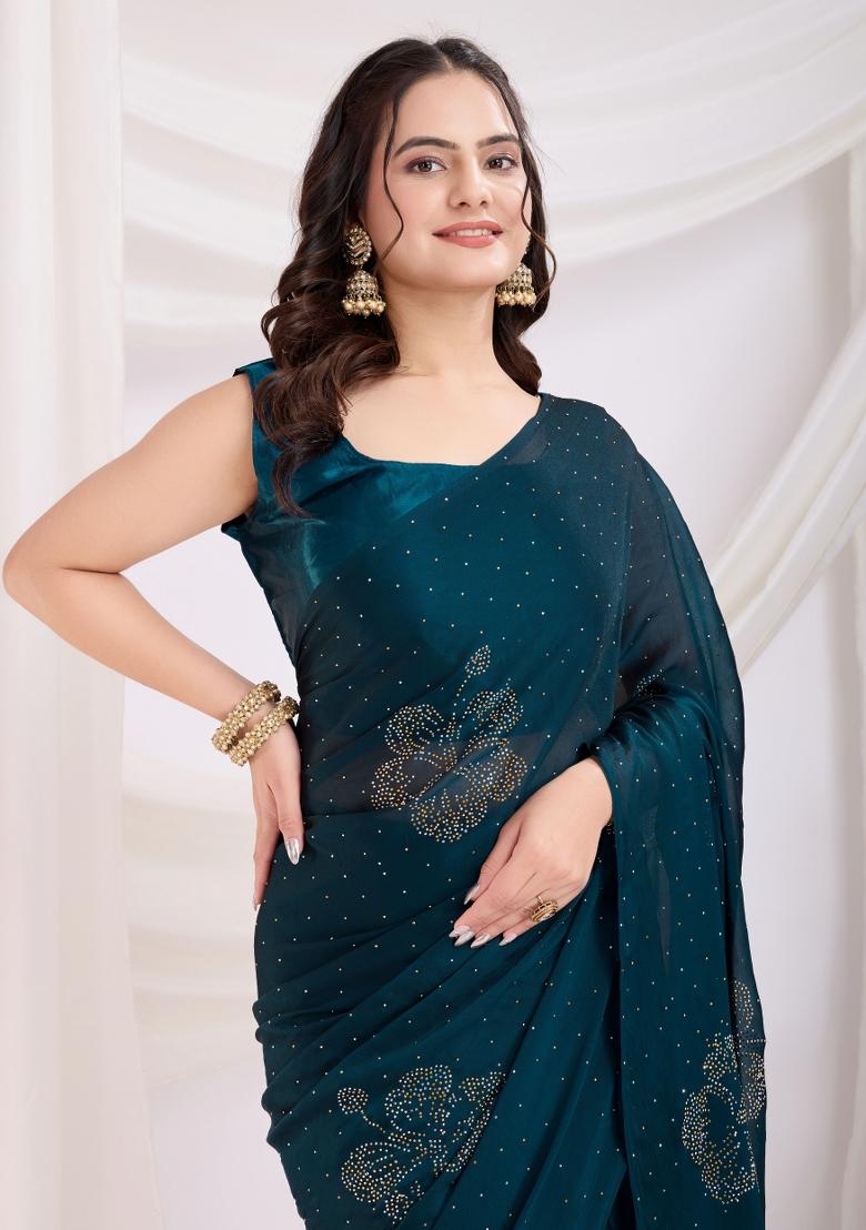 Teal Blue Diamond Work Rangoli Silk Pre Stitched Saree