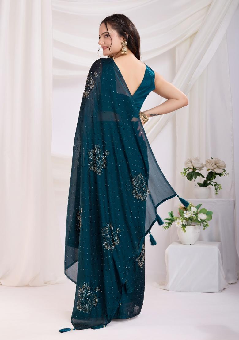 Teal Blue Diamond Work Rangoli Silk Pre Stitched Saree