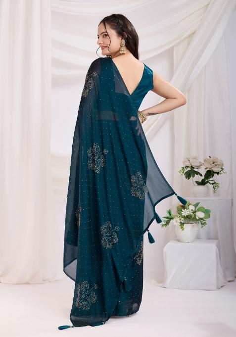 Teal Blue Diamond Work Rangoli Silk Pre Stitched Saree