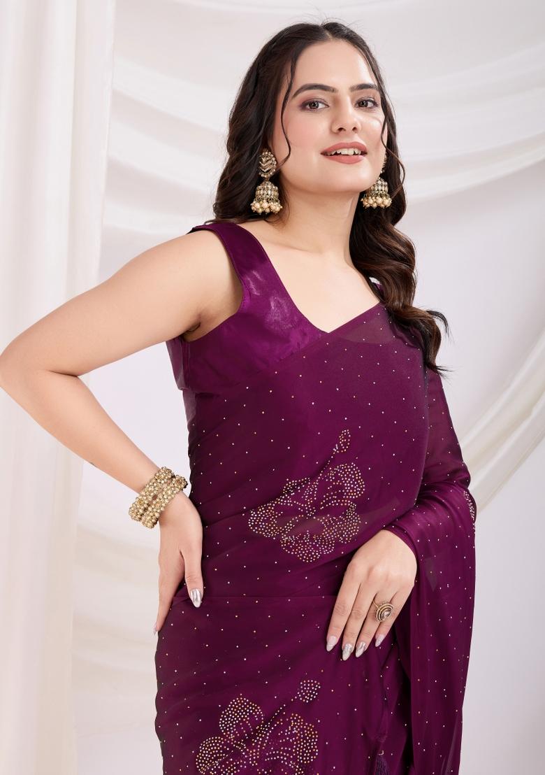 Purple Diamond Work Rangoli Silk Pre Stitched Saree