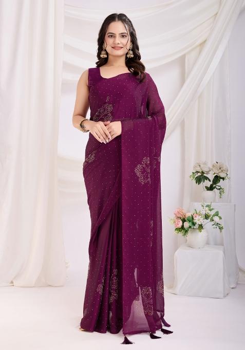 Purple Diamond Work Rangoli Silk Pre Stitched Saree