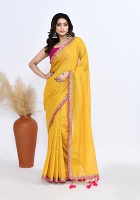 Yellow Solid Tissue Silk Saree Set