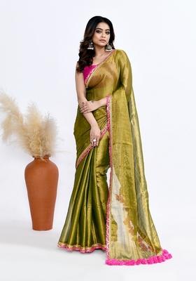 Dark Green Solid Tissue Silk Saree Set