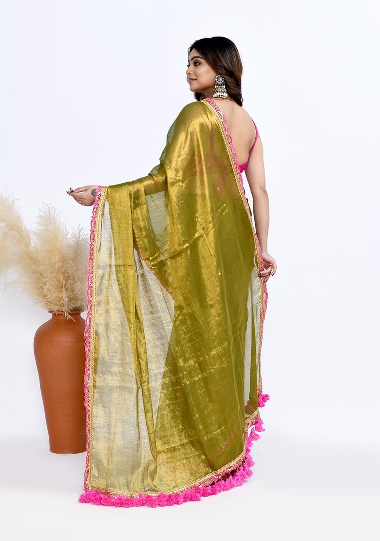 Dark Green Solid Tissue Silk Saree Set - Indya