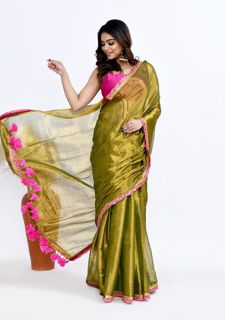 Dark Green Solid Tissue Silk Saree Set - Indya