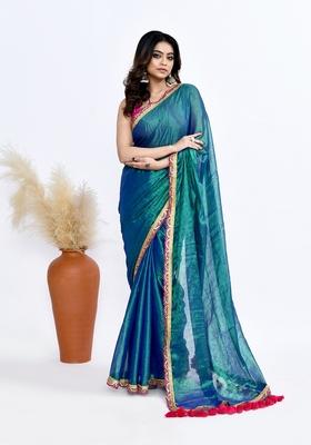 Dark Blue Solid Tissue Silk Saree Set