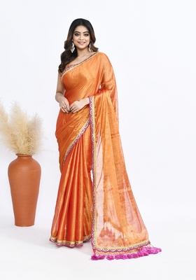 Orange Solid Tissue Silk Saree Set