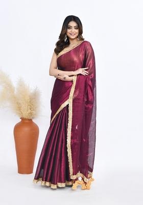 Maroon Solid Tissue Silk Saree Set