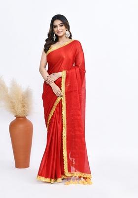 Orange Solid Tissue Silk Saree Set