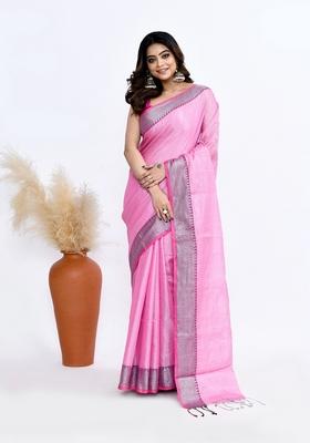 Pink Solid Tissue Silk Saree Set