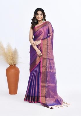 Purple Solid Tissue Silk Saree Set