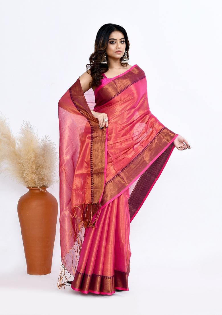 Orange Solid Tissue Silk Saree Set - Indya