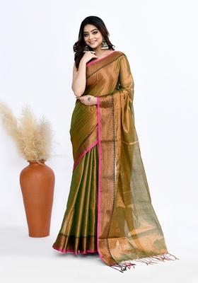 Dark Green Solid Khadi Saree Set