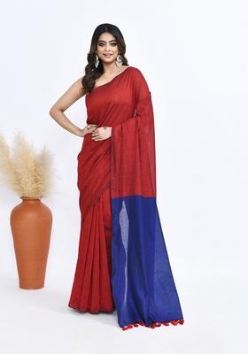 Maroon Solid Khadi Saree Set