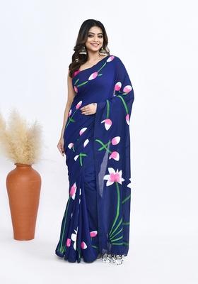 Navy Blue Hand Print Khadi Saree Set