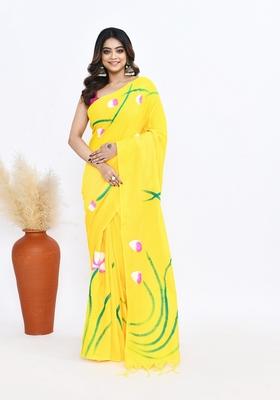 Yellow Hand Print Khadi Saree Set