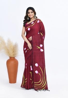 Maroon Hand Print Khadi Saree Set