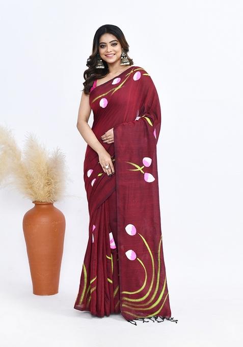 Maroon Hand Print Khadi Saree Set