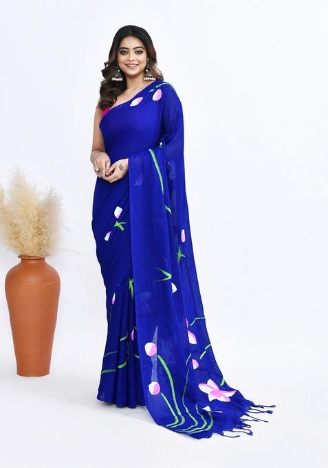 Blue Hand Print Khadi Saree Set