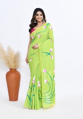 Green Hand Print Khadi Saree Set