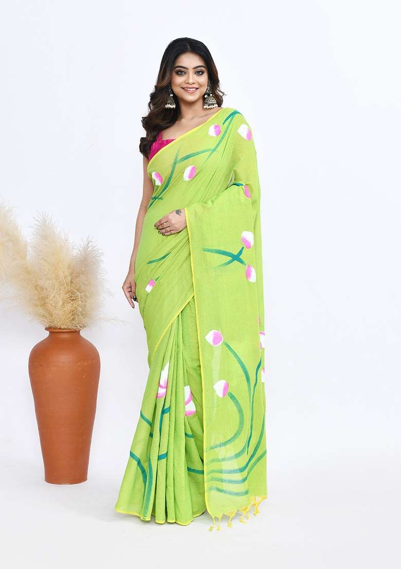 Green Hand Print Khadi Saree Set - Indya