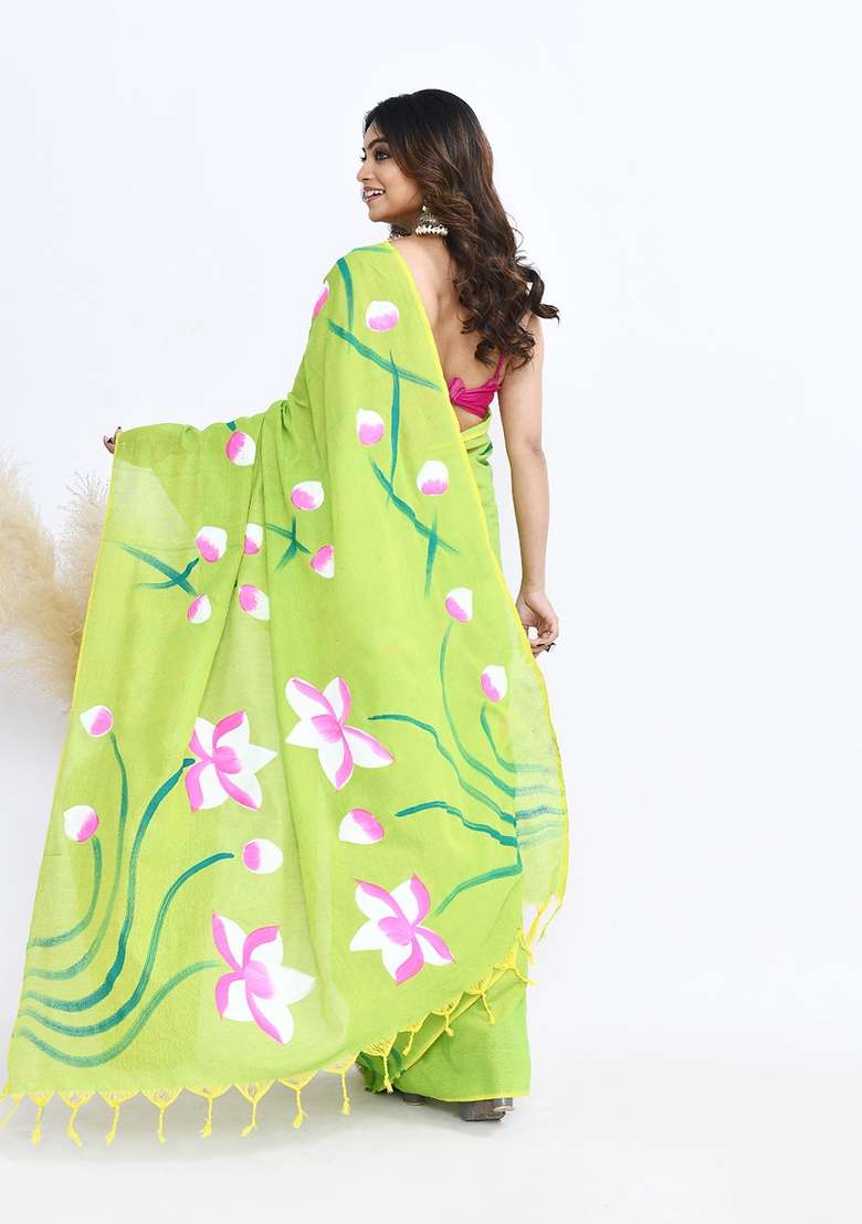 Green Hand Print Khadi Saree Set - Indya