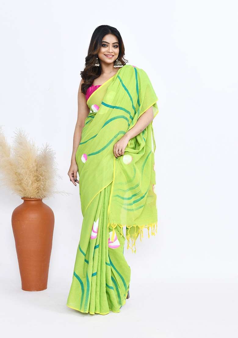 Green Hand Print Khadi Saree Set - Indya